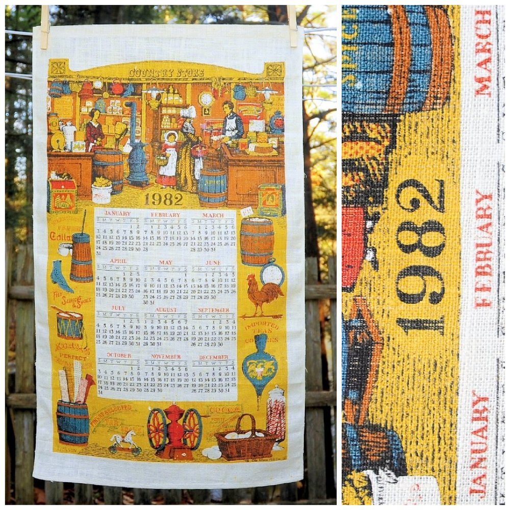 Vintage 1982 Colonial Country Store Calendar Towel Storekeepers, Birthday Gift